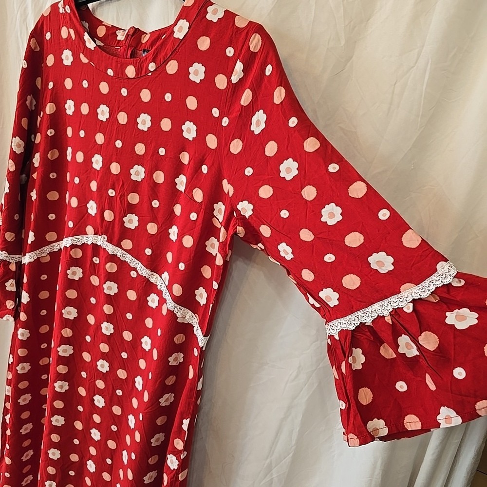Red Polka Dot Midi Dress with Lace Trim - Picture 8 of 16